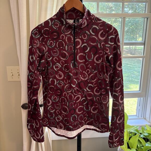 Kerrits 1/4 Zip Pullover Base Layer Shirt Top Maroon Horseshoes Womens Small - Picture 1 of 7
